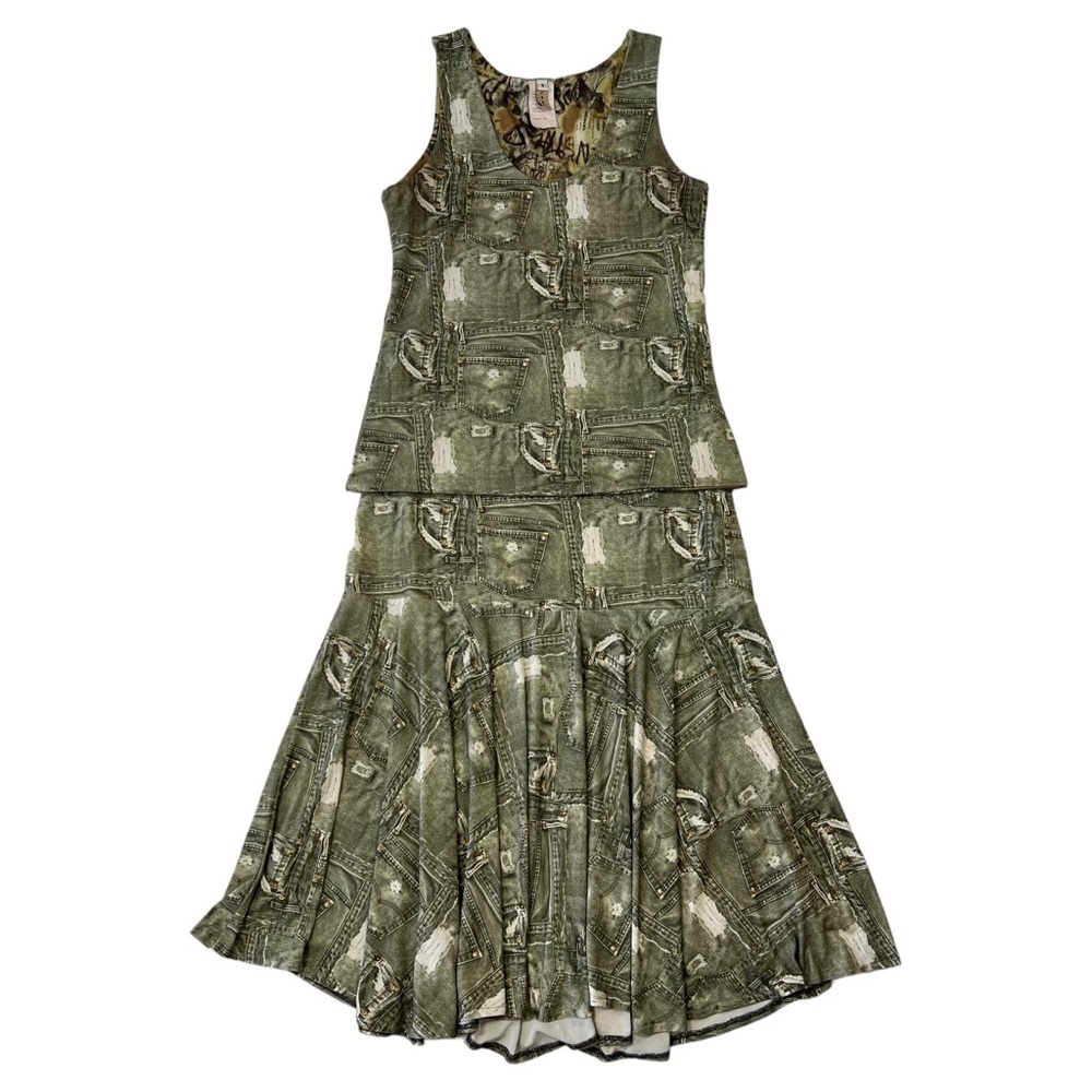 Vintage 90s Cyber Grunge Green Denim Print Tank and Midi Maxi Ruffle Skirt Set - Picture 3 of 14